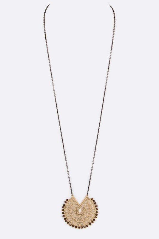 Crystal Beaded Cutout Pendant Long Necklace - Tigbul's Variety Fashion Shop