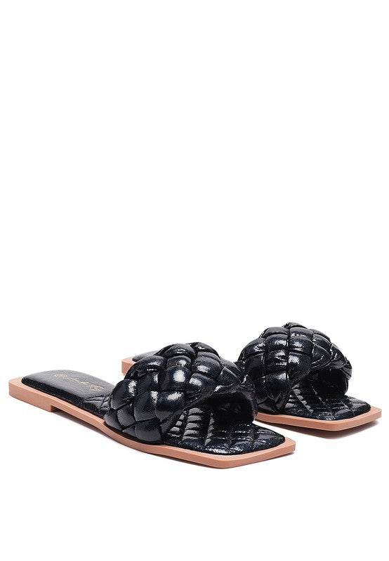 Patent PU Quilted Woven Flat Slide Sandals - Tigbul's Variety Fashion Shop