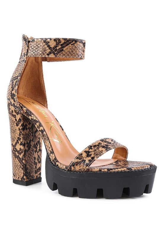 RATTLE SNAKE PRINT HIGH HEELED BLOCK SANDAL - Tigbul's Variety Fashion Shop