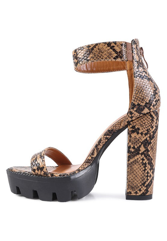 RATTLE SNAKE PRINT HIGH HEELED BLOCK SANDAL - Tigbul's Variety Fashion Shop