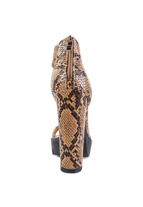 RATTLE SNAKE PRINT HIGH HEELED BLOCK SANDAL - Tigbul's Variety Fashion Shop