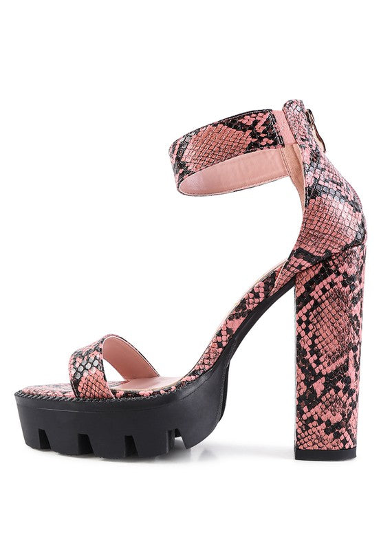 RATTLE SNAKE PRINT HIGH HEELED BLOCK SANDAL - Tigbul's Variety Fashion Shop
