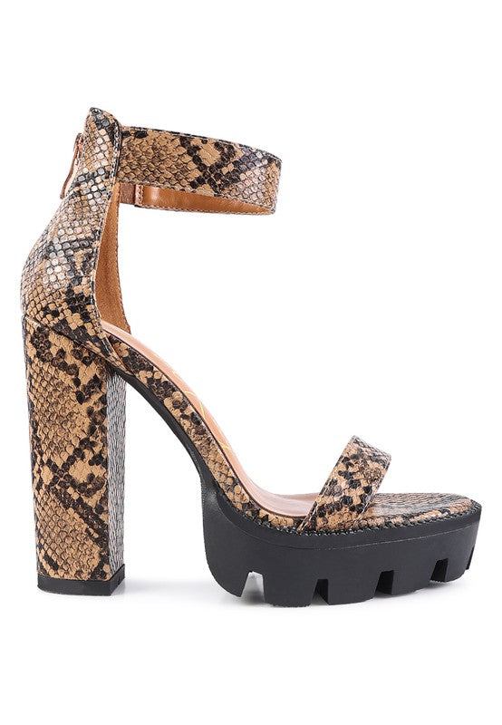 RATTLE SNAKE PRINT HIGH HEELED BLOCK SANDAL - Tigbul's Variety Fashion Shop