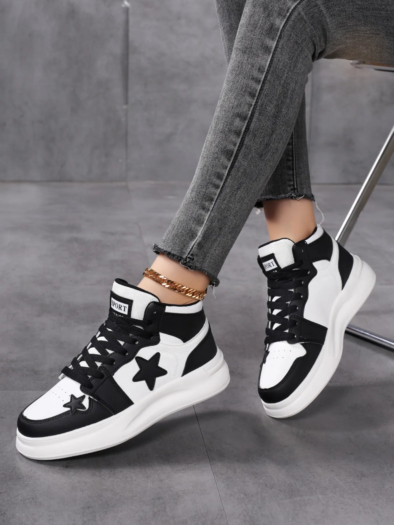 Star Pattern Lace Up Sneakers - Tigbul's Variety Fashion Shop