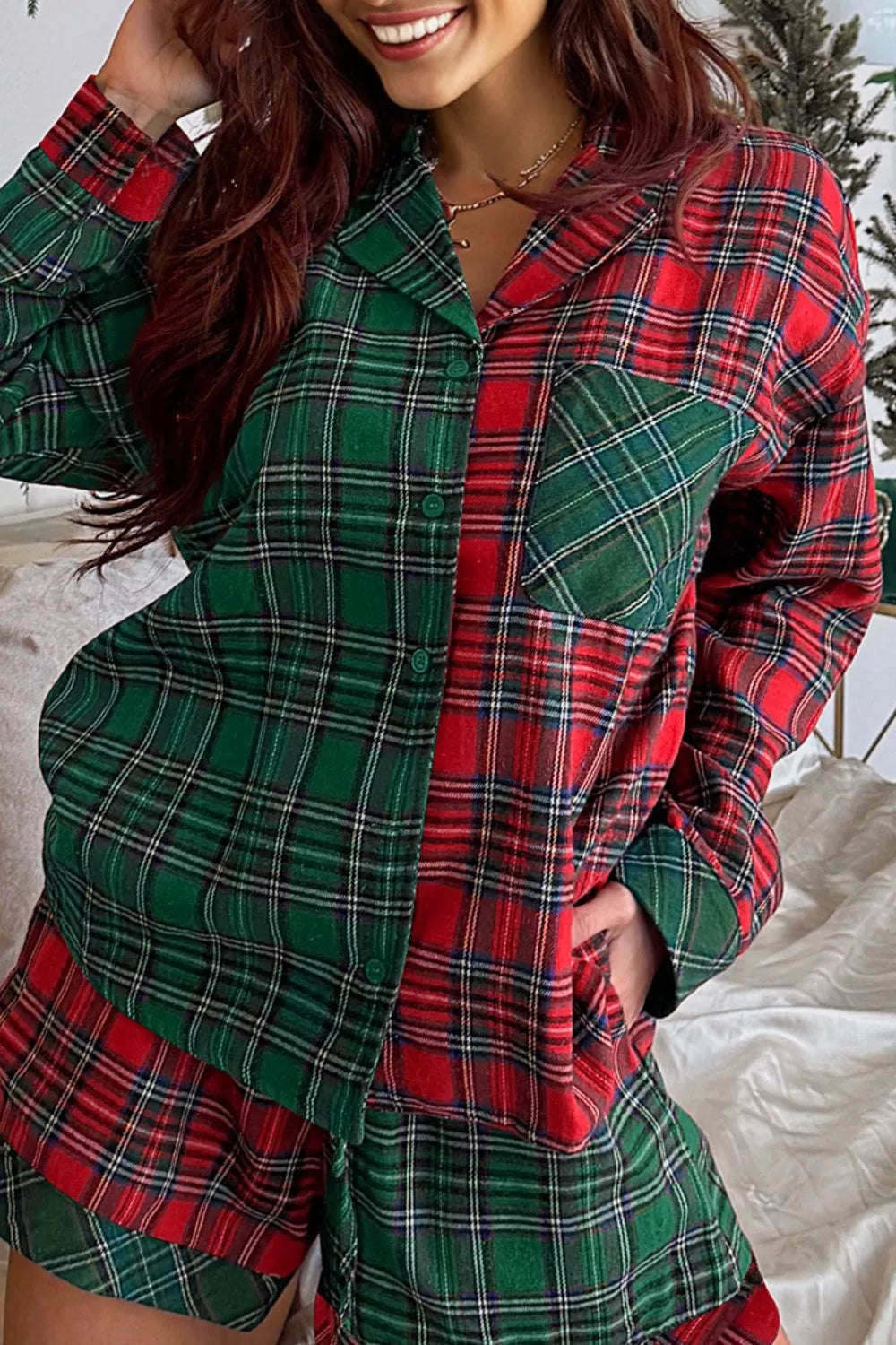 Plaid Contrast Patched Christmas Holiday Long Sleeve Shirt and Short 2pcs Pajama Set - Tigbul's Variety Fashion Shop