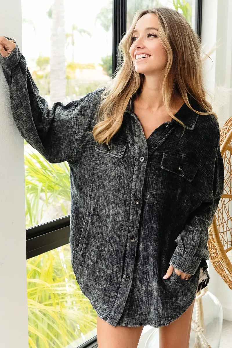 BiBi Vintage Washed Wrinkle Gauze Shacket - Tigbul's Variety Fashion Shop