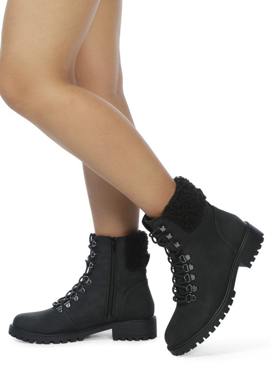 DOLON Black Lace Up Fur Collared Ankle Boot - Tigbul's Variety Fashion Shop