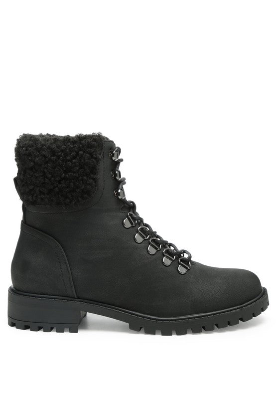 DOLON Black Lace Up Fur Collared Ankle Boot - Tigbul's Variety Fashion Shop