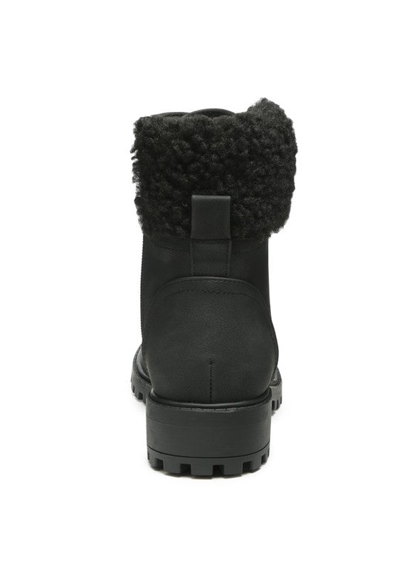 DOLON Black Lace Up Fur Collared Ankle Boot - Tigbul's Variety Fashion Shop