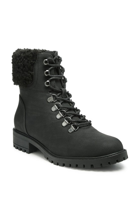 DOLON Black Lace Up Fur Collared Ankle Boot - Tigbul's Variety Fashion Shop