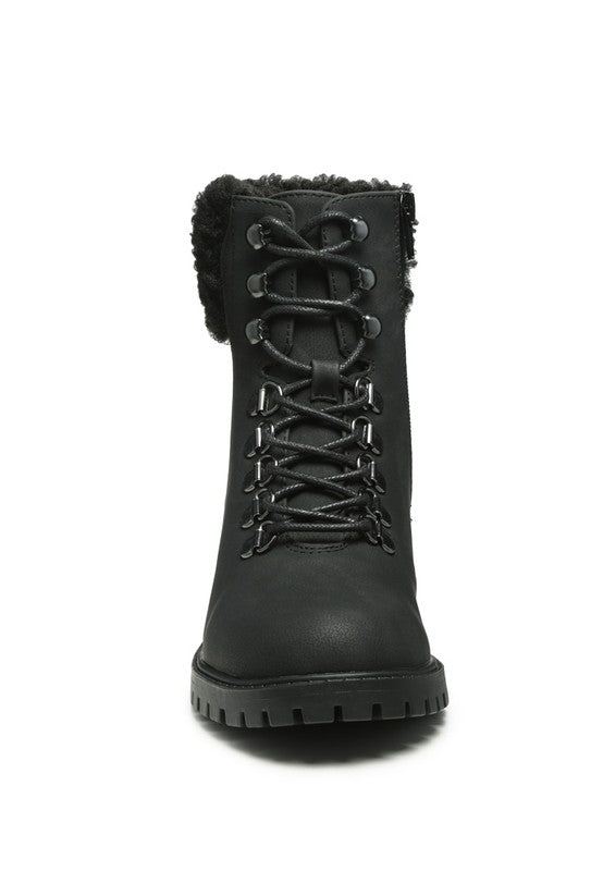 DOLON Black Lace Up Fur Collared Ankle Boot - Tigbul's Variety Fashion Shop