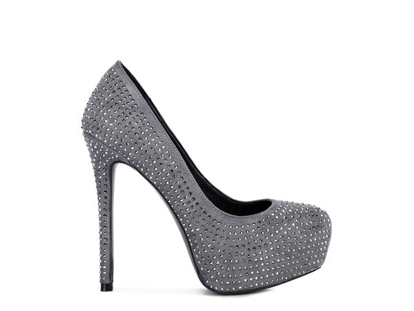 CLARISSE Diamante Faux Suede high Heeled Pumps - Tigbul's Variety Fashion Shop