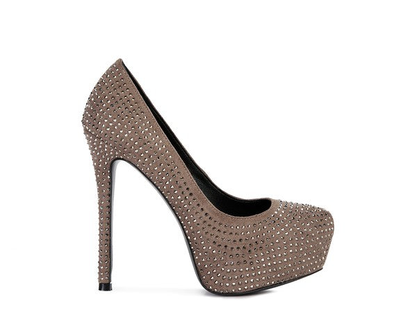 CLARISSE Diamante Faux Suede high Heeled Pumps - Tigbul's Variety Fashion Shop