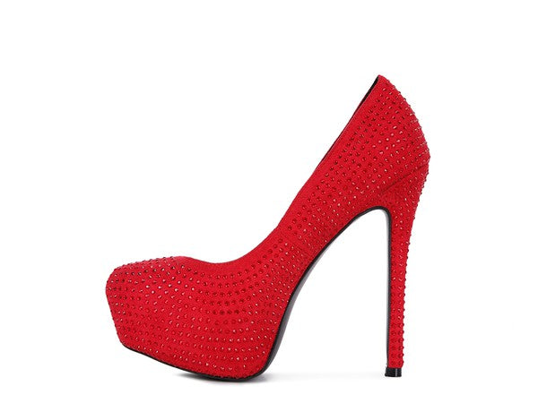 CLARISSE Diamante Faux Suede high Heeled Pumps - Tigbul's Variety Fashion Shop