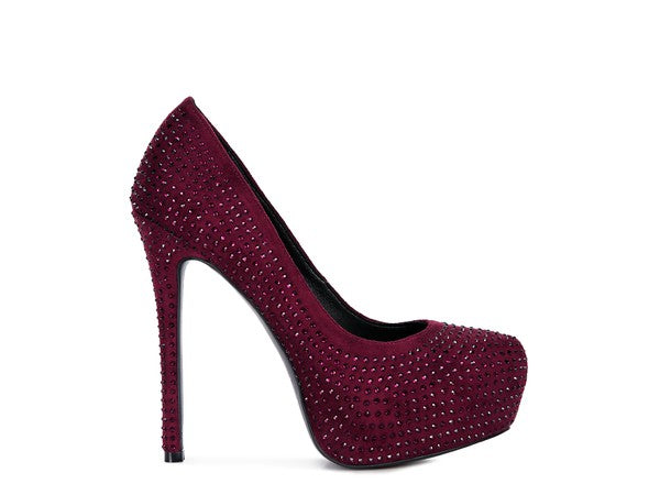 CLARISSE Diamante Faux Suede high Heeled Pumps - Tigbul's Variety Fashion Shop