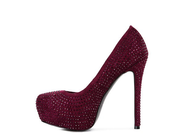 CLARISSE Diamante Faux Suede high Heeled Pumps - Tigbul's Variety Fashion Shop