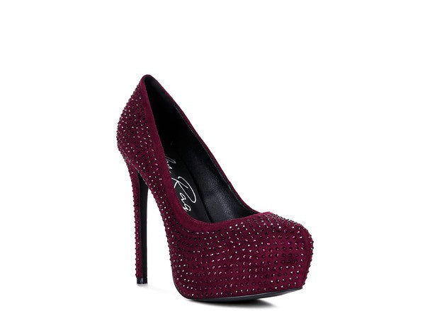 CLARISSE Diamante Faux Suede high Heeled Pumps - Tigbul's Variety Fashion Shop