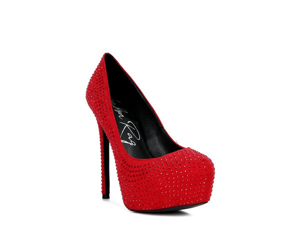 CLARISSE Diamante Faux Suede high Heeled Pumps - Tigbul's Variety Fashion Shop
