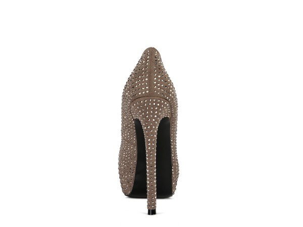 CLARISSE Diamante Faux Suede high Heeled Pumps - Tigbul's Variety Fashion Shop