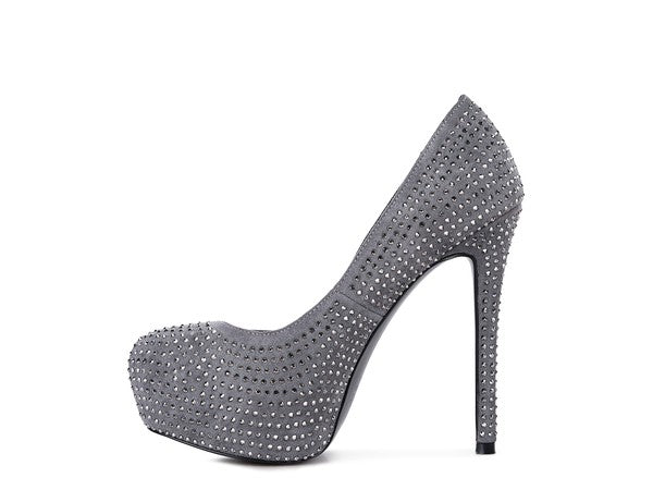 CLARISSE Diamante Faux Suede high Heeled Pumps - Tigbul's Variety Fashion Shop