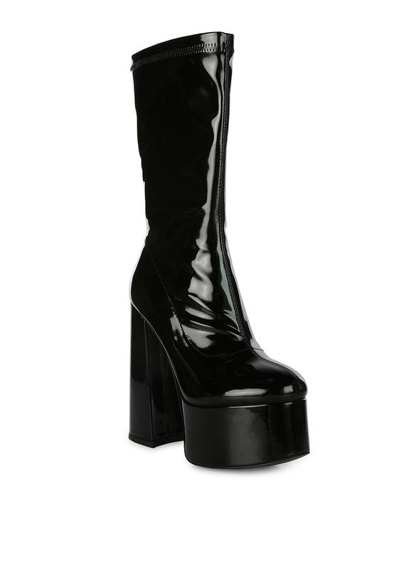 VINKELE Patent PU Platform Heeled Calf Boots - Tigbul's Variety Fashion Shop