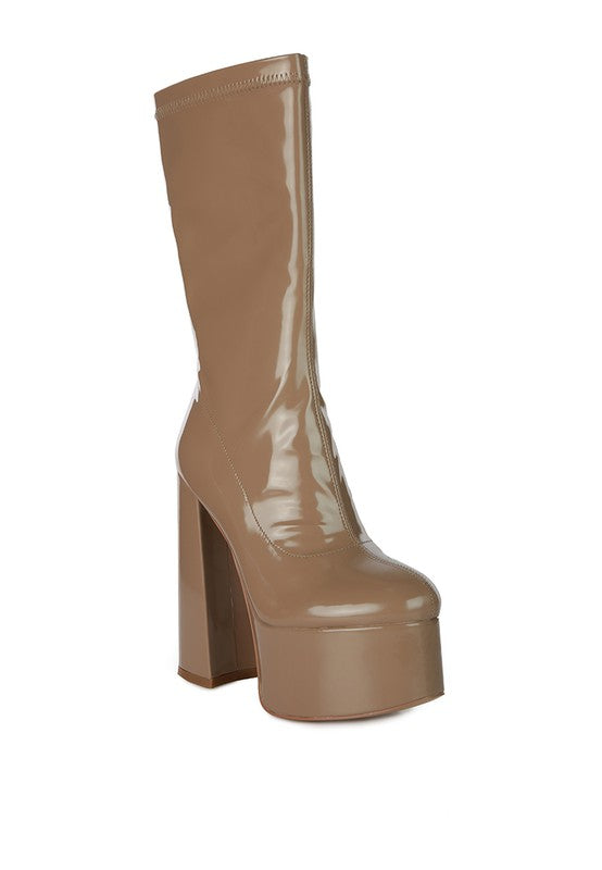 VINKELE Patent PU Platform Heeled Calf Boots - Tigbul's Variety Fashion Shop