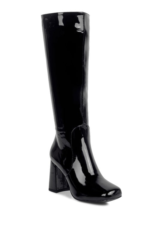 HYPNOTIZE Patent PU Block Heeled Calf Boots - Tigbul's Variety Fashion Shop