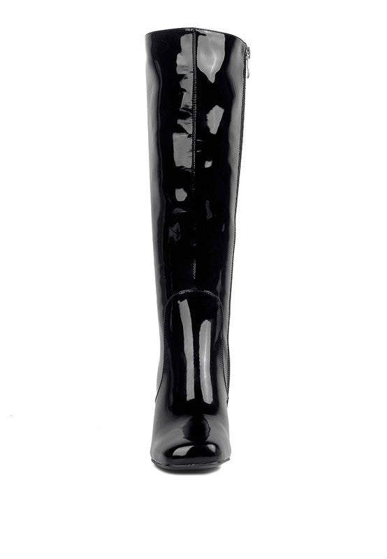 HYPNOTIZE Patent PU Block Heeled Calf Boots - Tigbul's Variety Fashion Shop