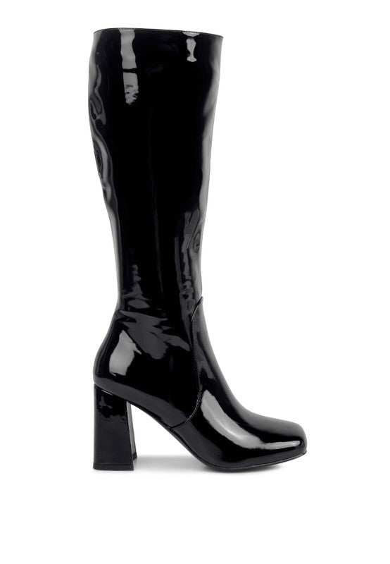 HYPNOTIZE Patent PU Block Heeled Calf Boots - Tigbul's Variety Fashion Shop