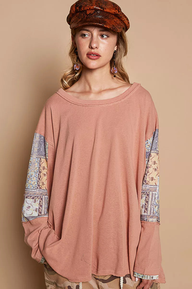 POL Round Neck Long Sleeve Roomy Fit Top with Stitch Detail - Tigbul's Variety Fashion Shop
