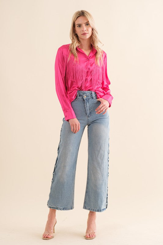 Satin Shirt Blouse with Chevron Fringe - Tigbul's Variety Fashion Shop