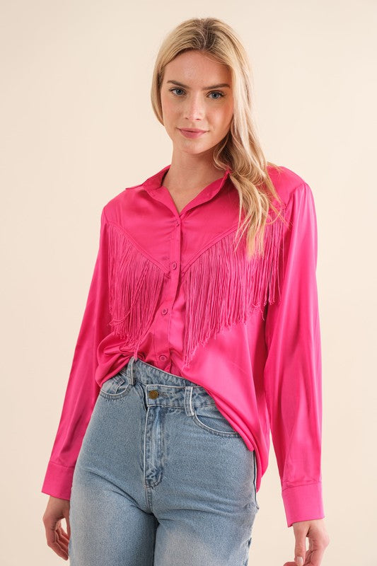 Satin Shirt Blouse with Chevron Fringe - Tigbul's Variety Fashion Shop