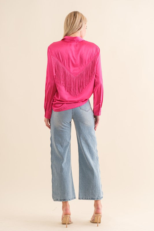 Satin Shirt Blouse with Chevron Fringe - Tigbul's Variety Fashion Shop