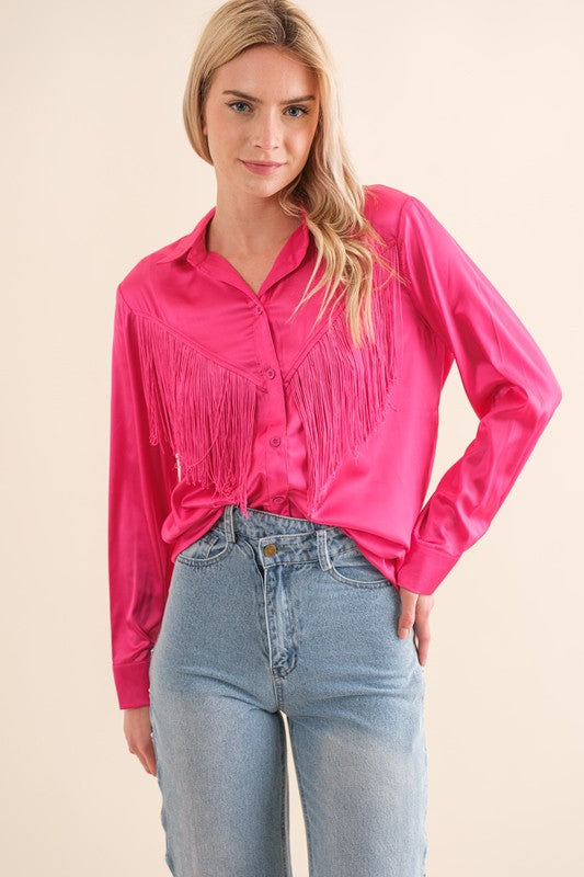 Satin Shirt Blouse with Chevron Fringe - Tigbul's Variety Fashion Shop