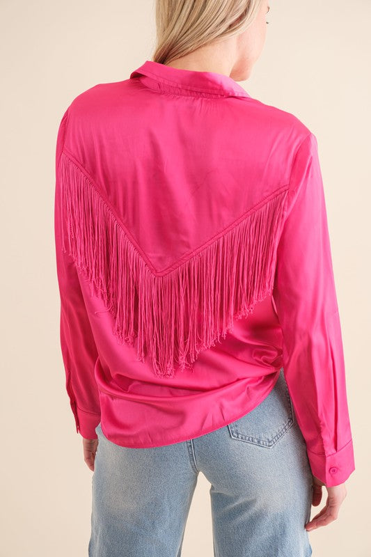 Satin Shirt Blouse with Chevron Fringe - Tigbul's Variety Fashion Shop