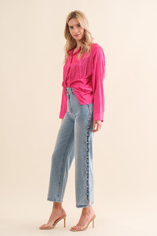 Satin Shirt Blouse with Chevron Fringe - Tigbul's Variety Fashion Shop