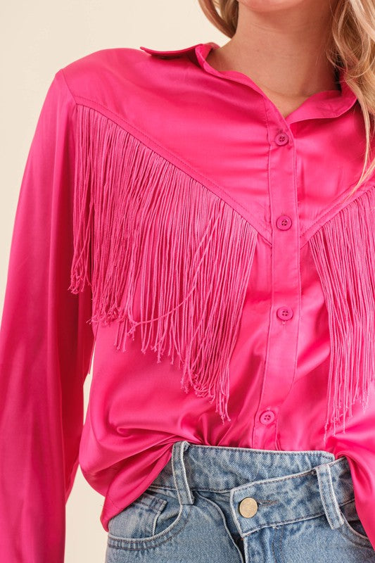 Satin Shirt Blouse with Chevron Fringe - Tigbul's Variety Fashion Shop