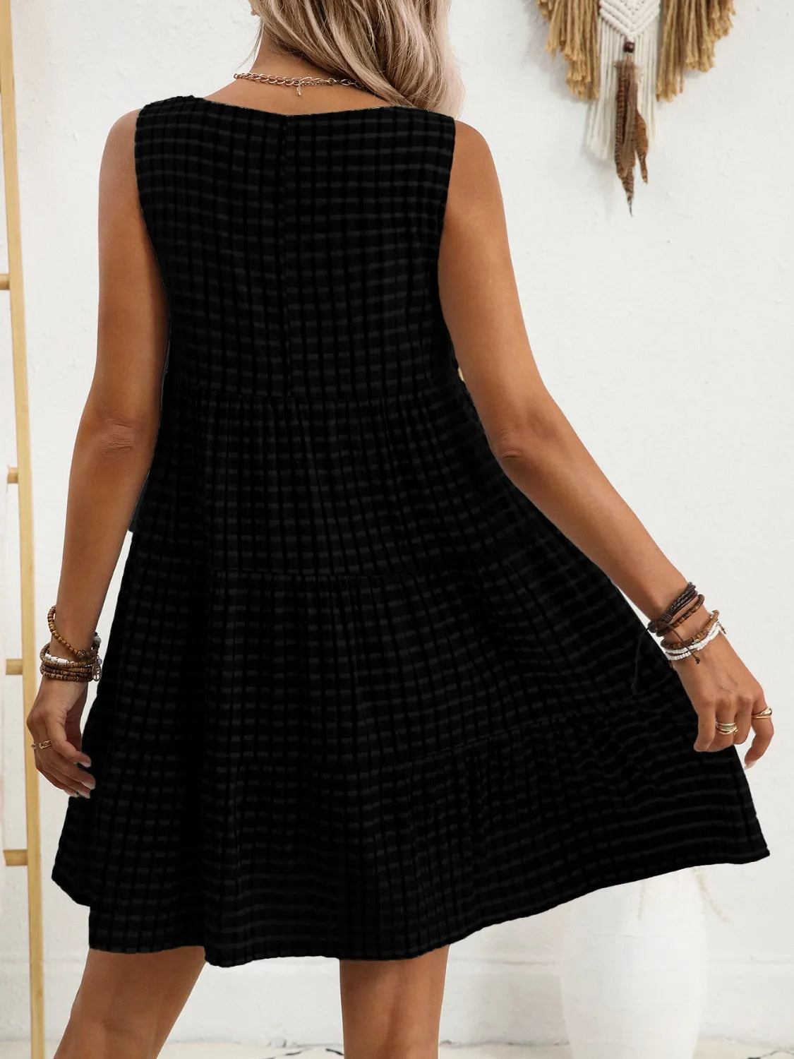 Plaid Round Neck Sleeveless Mini Dress - Tigbul's Variety Fashion Shop