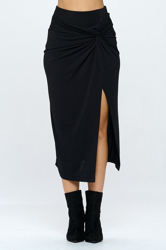 Made in USA Midi Skirt with Front Knot and Slit - Tigbul's Variety Fashion Shop