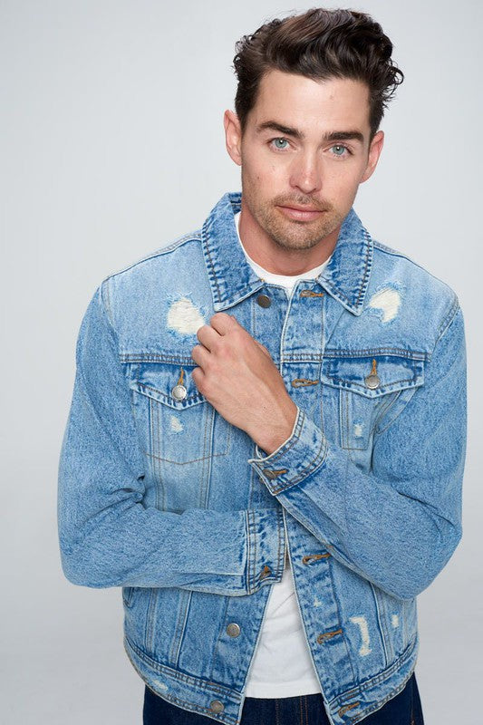 Men's Denim Jacket with Distressed - Tigbul's Variety Fashion Shop