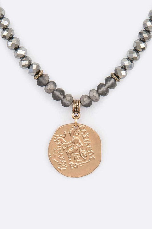 Embossed Medallion Pendant Beaded Necklace - Tigbul's Variety Fashion Shop