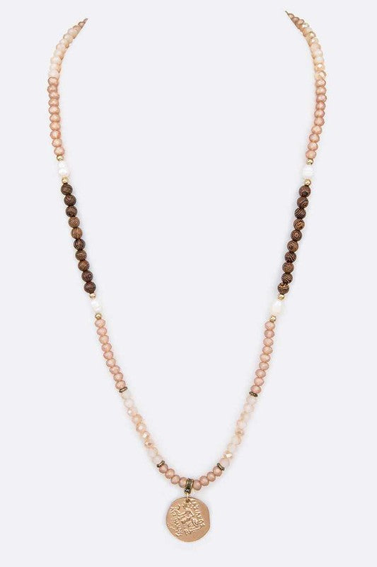 Embossed Medallion Pendant Beaded Necklace - Tigbul's Variety Fashion Shop
