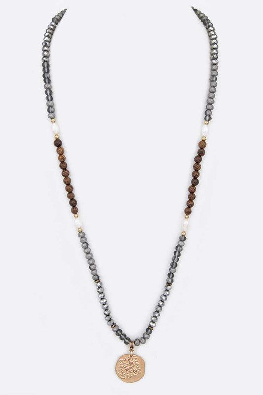 Embossed Medallion Pendant Beaded Necklace - Tigbul's Variety Fashion Shop