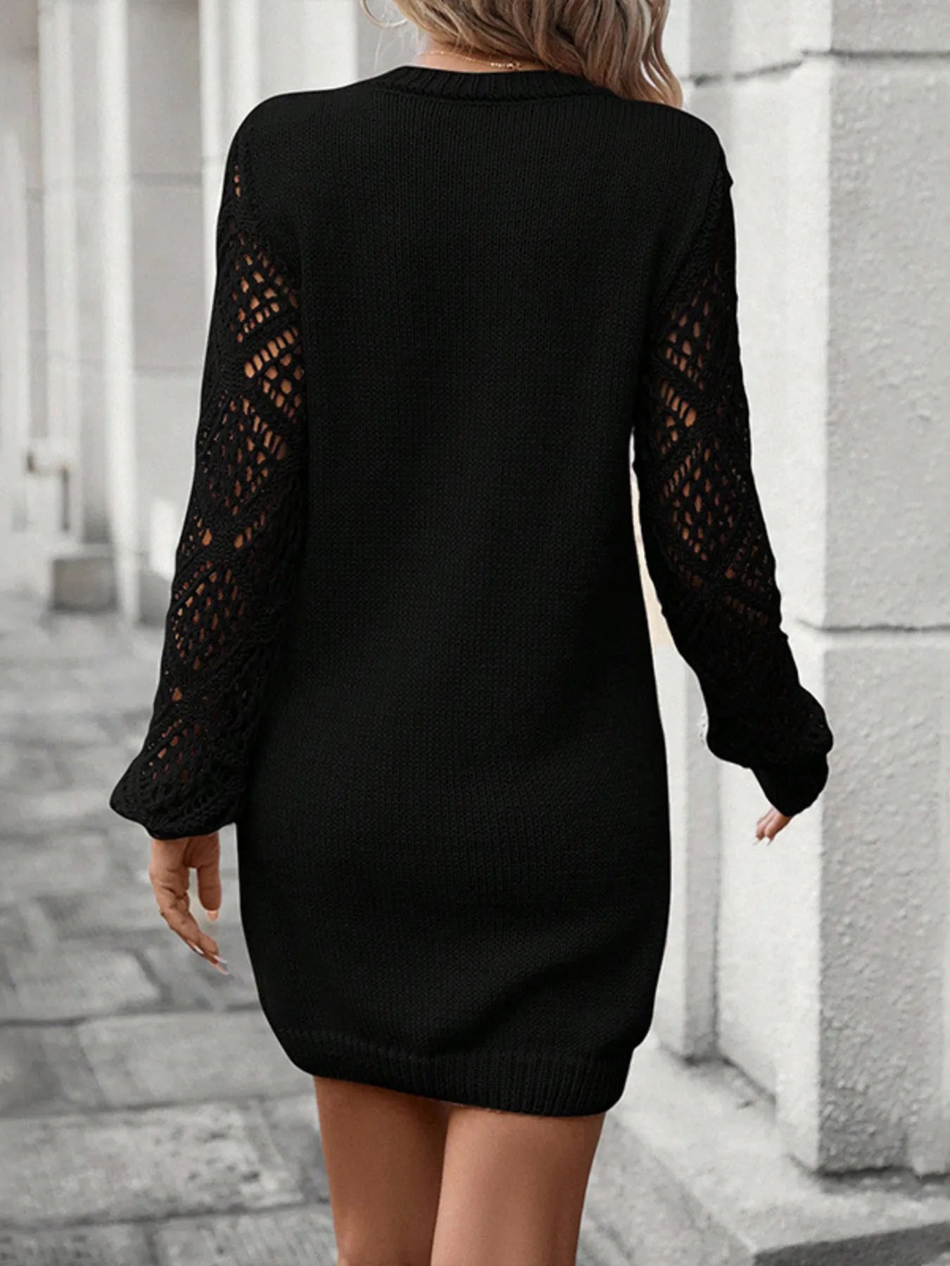 V-Neck Hollow Out Sleeve Sweater Dress - Tigbul's Variety Fashion Shop
