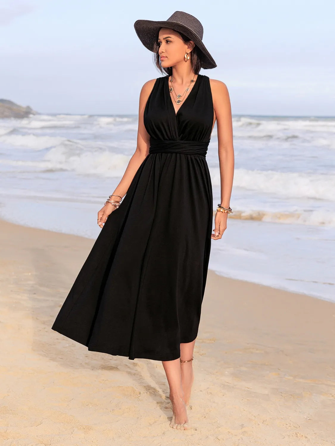 Surplice Sleeveless Ruched Black Midi Dress - Tigbul's Variety Fashion Shop