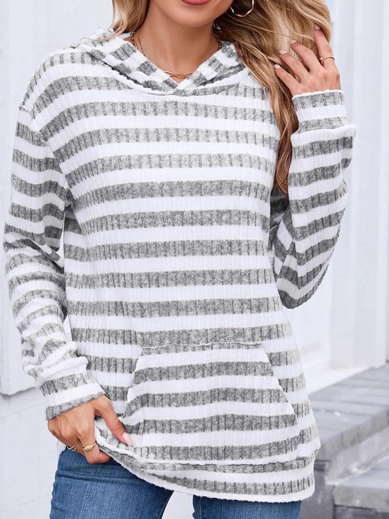 Striped Ribbed Knit Hoodie with Kangaroo Pocket - Tigbul's Variety Fashion Shop