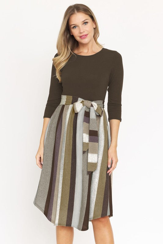 Quarter Sleeve Stripe Sash Midi Dress - Tigbul's Variety Fashion Shop