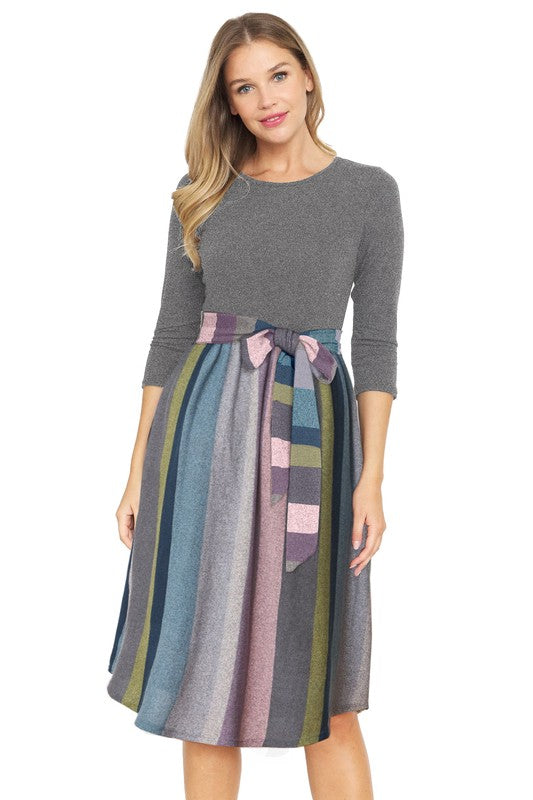 Quarter Sleeve Stripe Sash Midi Dress - Tigbul's Variety Fashion Shop