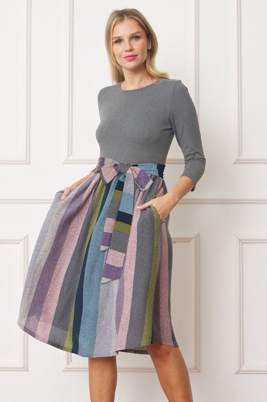 Quarter Sleeve Stripe Sash Midi Dress - Tigbul's Variety Fashion Shop