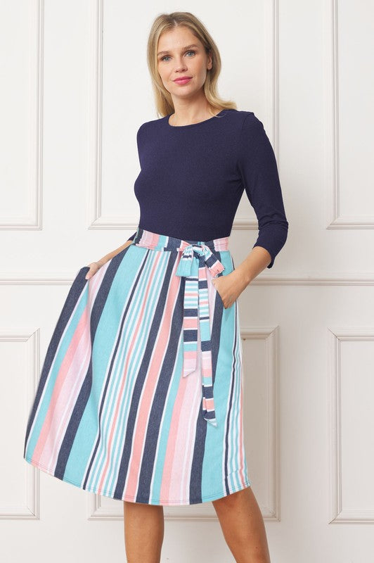 Quarter Sleeve Stripe Sash Midi Dress - Tigbul's Variety Fashion Shop